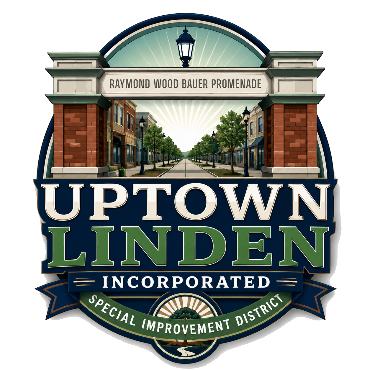 Uptown Linden Incorporated Special Improvement District emblem featuring the Raymond Wood Bauer Promenade.